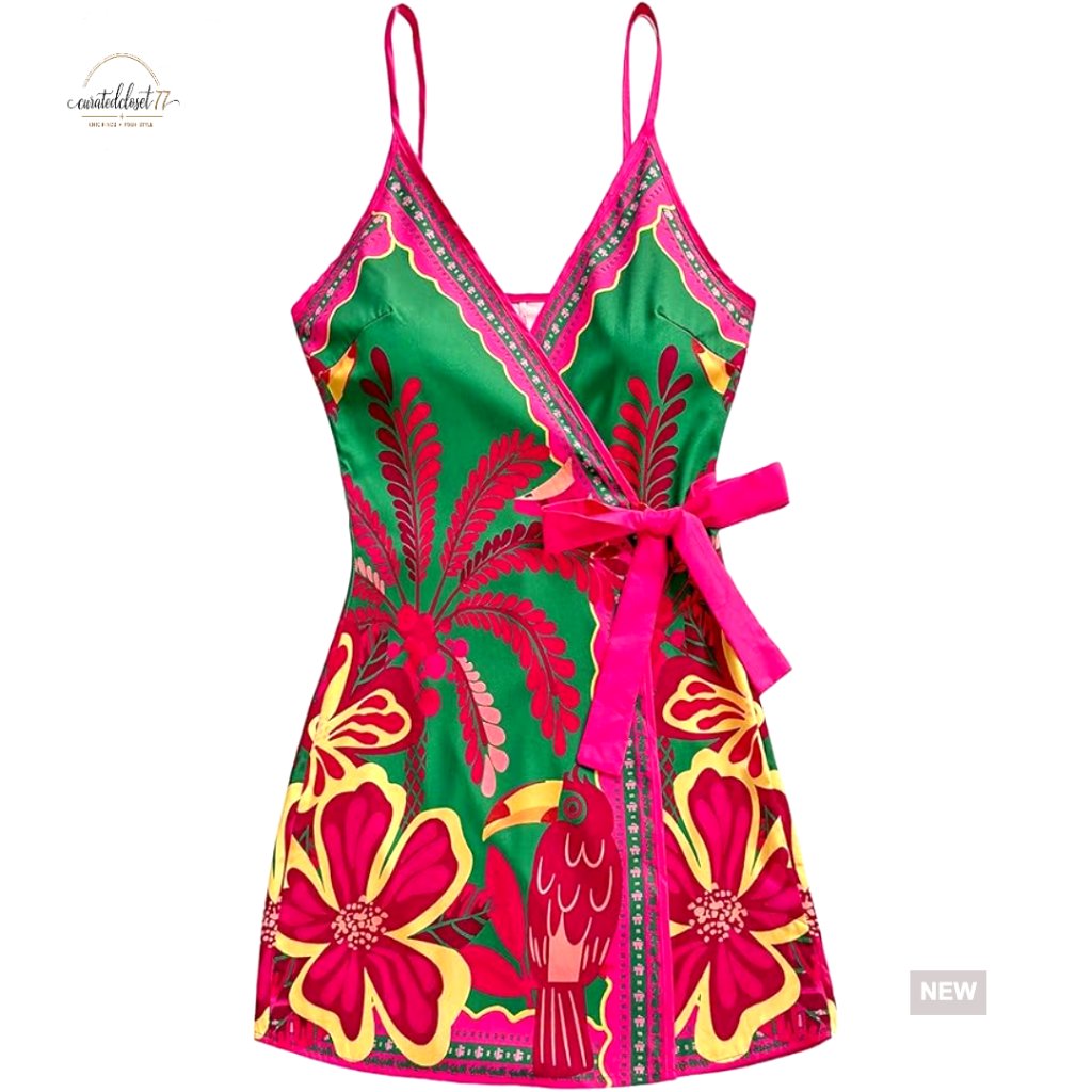 Women's Mini Wrap Dress V Neck Spaghetti Strap Tropical Print Summer Casual